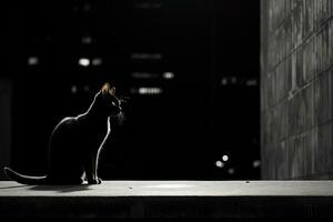 un negro y blanco foto de un gato sentado en un repisa generativo ai