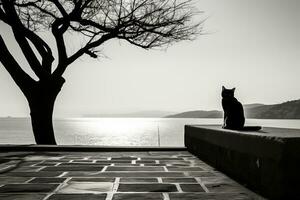 a black and white photo of a cat sitting on a ledge generative ai