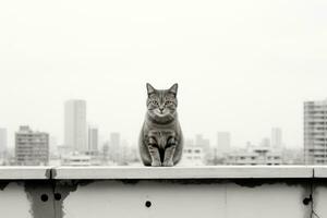 un negro y blanco foto de un gato sentado en un repisa generativo ai