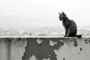 a black and white photo of a cat sitting on a ledge generative ai