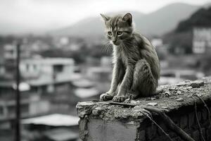 a black and white photo of a cat sitting on a ledge generative ai