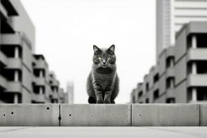 a black and white photo of a cat sitting on a ledge generative ai