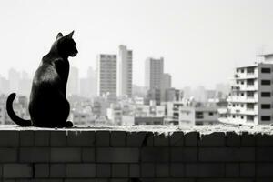 un negro y blanco foto de un gato sentado en un repisa generativo ai