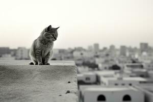 a black and white photo of a cat sitting on a ledge generative ai