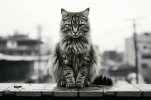 a black and white photo of a cat sitting on a ledge generative ai