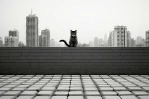 un negro y blanco foto de un gato sentado en el borde de un edificio generativo ai