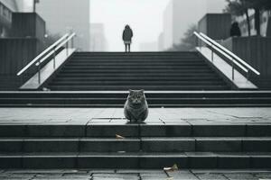 un negro y blanco foto de un gato sentado en pasos generativo ai