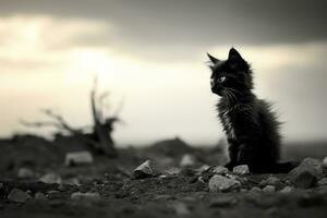 a black and white photo of a cat sitting on the ground generative ai