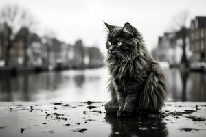 a black and white photo of a cat sitting on the ground generative ai