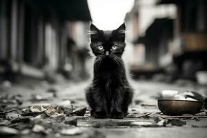 a black and white photo of a cat sitting on the ground generative ai