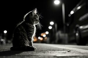 a black and white photo of a cat sitting on the street at night generative ai