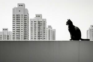 a black and white photo of a cat sitting on top of a building generative ai