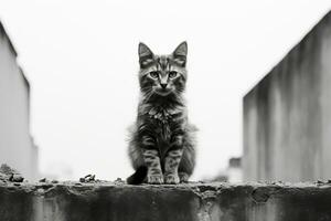 un negro y blanco foto de un gato sentado en parte superior de un cemento pared generativo ai
