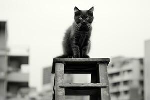 un negro y blanco foto de un gato sentado en parte superior de un escalera generativo ai