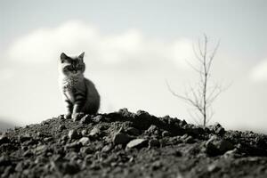 a black and white photo of a cat sitting on top of a pile of dirt generative ai