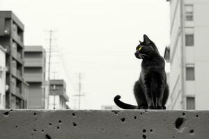 un negro y blanco foto de un gato sentado en parte superior de un hormigón pared generativo ai