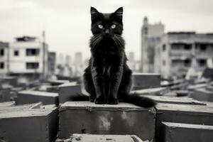 un negro y blanco foto de un gato sentado en parte superior de un pila de ladrillos generativo ai