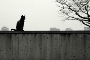 un negro y blanco foto de un gato sentado en parte superior de un pared generativo ai