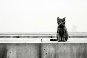 a black and white photo of a cat sitting on top of concrete generative ai