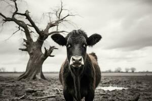 un negro y blanco foto de un vaca en pie en un campo generativo ai