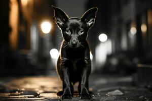 un negro y blanco foto de un perro en pie en un guijarro calle a noche generativo ai