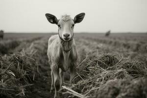 un negro y blanco foto de un cabra en pie en un campo generativo ai