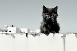 un negro y blanco foto de un gatito en parte superior de un pared generativo ai