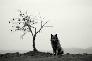 a black and white photo of a lone wolf sitting in front of a bare tree generative ai