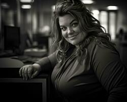 a black and white photo of a woman sitting at a desk generative ai