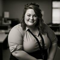 a black and white photo of a woman in an office generative ai