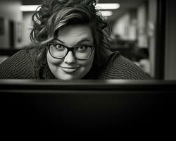 a black and white photo of a woman with glasses generative ai