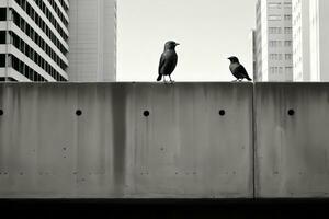 a black and white photo of two birds perched on the edge of a concrete wall generative ai