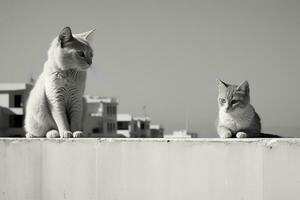 un negro y blanco foto de dos gatos sentado en un repisa generativo ai