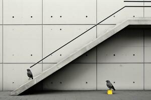 un negro y blanco foto de dos aves sentado en un amarillo caja generativo ai