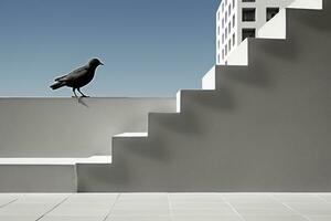 a black bird sitting on the edge of a set of stairs generative ai photo