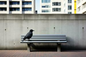un negro pájaro sentado en un banco en frente de un edificio generativo ai foto