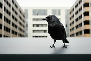 un negro pájaro en pie en un repisa en frente de un edificio generativo ai foto