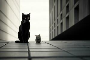 a black cat and a small kitten standing on a sidewalk generative ai photo