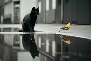 un negro gato y un amarillo pájaro en un charco generativo ai foto