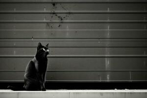 un negro gato sentado en frente de un pared generativo ai foto