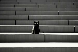 a black cat sitting on some concrete steps generative ai photo