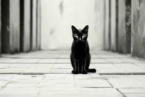 a black cat sitting on the floor in an empty hallway generative ai photo