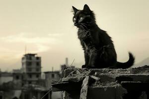 un negro gato sentado en parte superior de un edificio generativo ai foto