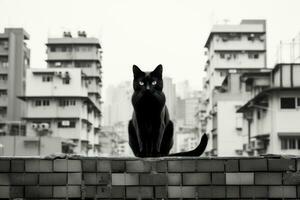 un negro gato sentado en parte superior de un ladrillo pared generativo ai foto