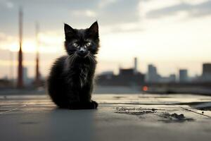 un negro gato sentado en el suelo en frente de un ciudad horizonte generativo ai foto