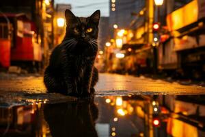 a black cat sitting on a wet street at night generative ai photo