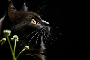 a black cat with yellow eyes is looking up generative ai photo