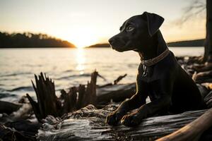 a black dog sitting on a log in front of a body of water generative ai photo