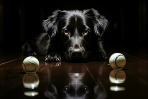 un negro perro tendido en el piso siguiente a dos tenis pelotas generativo ai foto