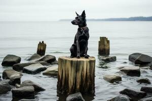 a black dog sitting on top of a wooden post in the water generative ai photo